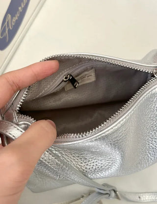 Two-way cowhide round mini silver crossbody bag