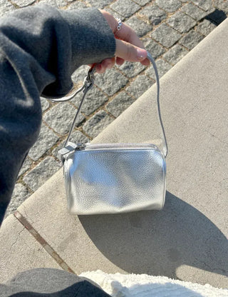 Two-way cowhide round mini silver crossbody bag