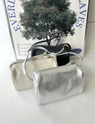 Two-way cowhide round mini silver crossbody bag