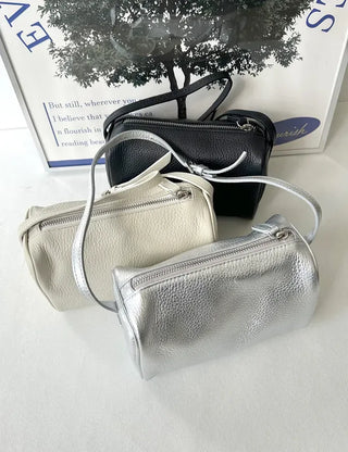 Two-way cowhide round mini silver crossbody bag