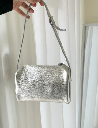Two-way cowhide round mini silver crossbody bag