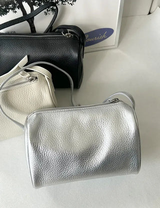Two-way cowhide round mini silver crossbody bag
