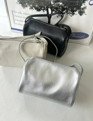 Two-way cowhide round mini silver crossbody bag