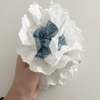 Oversized denim lace hair tie scrunchie