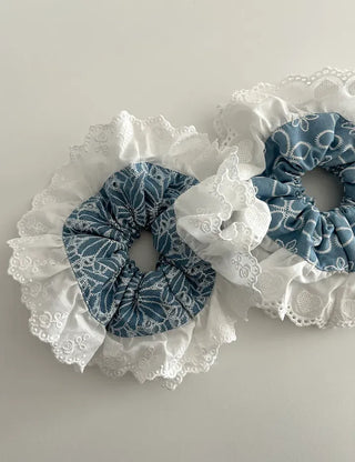 Oversized denim lace hair tie scrunchie