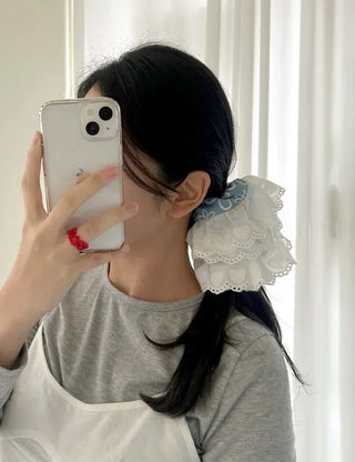 Oversized denim lace hair tie scrunchie