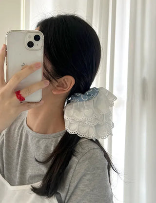 Oversized denim lace hair tie scrunchie
