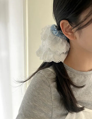 Oversized denim lace hair tie scrunchie