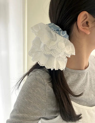 Oversized denim lace hair tie scrunchie