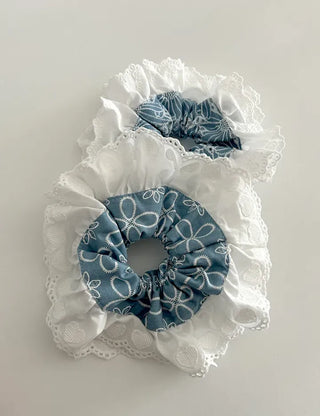 Oversized denim lace hair tie scrunchie