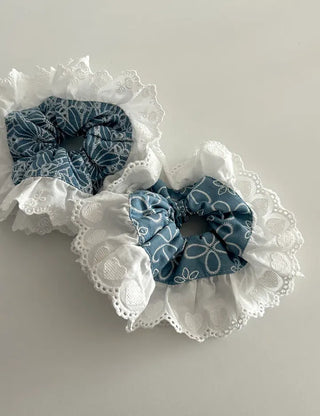 Oversized denim lace hair tie scrunchie