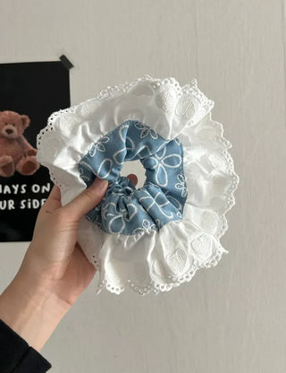 Oversized denim lace hair tie scrunchie