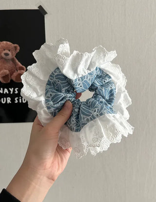 Oversized denim lace hair tie scrunchie