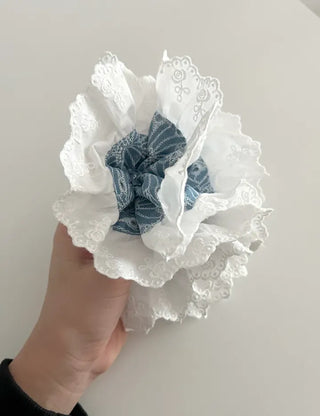 Oversized denim lace hair tie scrunchie