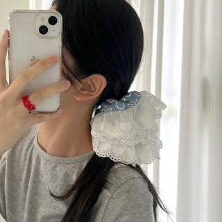 Oversized denim lace hair tie scrunchie