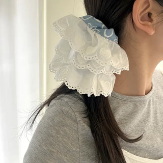 Oversized denim lace hair tie scrunchie