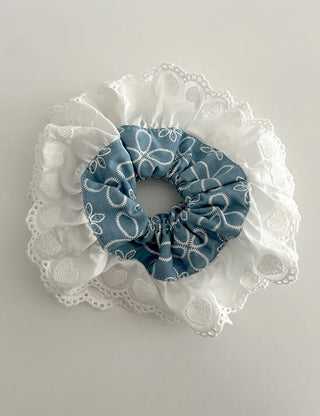 Oversized denim lace hair tie scrunchie