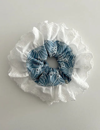 Oversized denim lace hair tie scrunchie