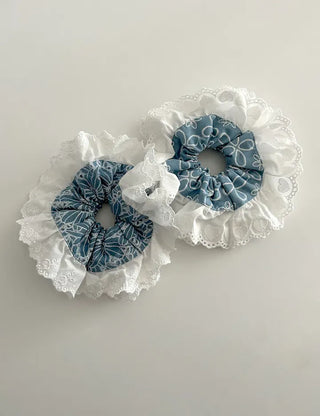Oversized denim lace hair tie scrunchie