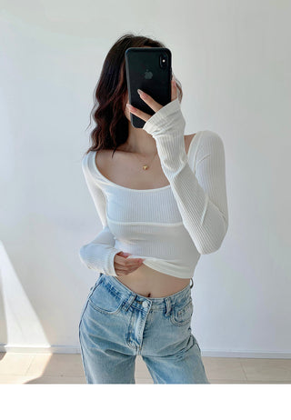 Slim fit round neck ribbed long sleeve top