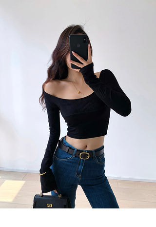 Slim fit round neck ribbed long sleeve top