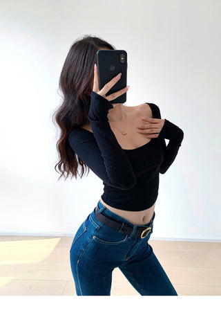Slim fit round neck ribbed long sleeve top