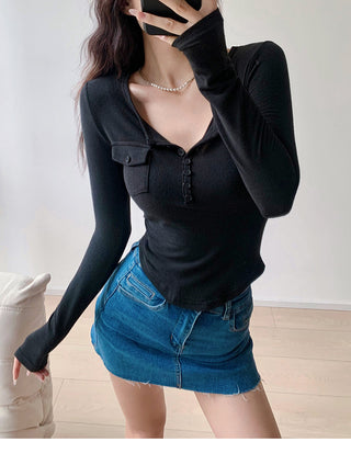 Casual V-neck long-sleeved T-shirt