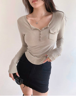 Casual V-neck long-sleeved T-shirt