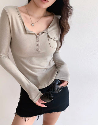Casual V-neck long-sleeved T-shirt