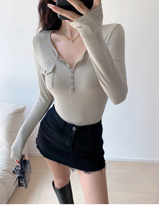 Casual V-neck long-sleeved T-shirt