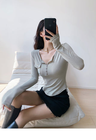 Casual V-neck long-sleeved T-shirt