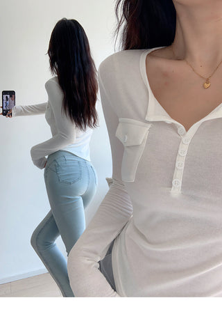 Casual V-neck long-sleeved T-shirt