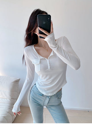 Casual V-neck long-sleeved T-shirt