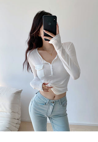 Casual V-neck long-sleeved T-shirt