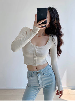 Round neck single-breasted slim fit cardigan