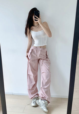 Loose drawstring workwear straight pants