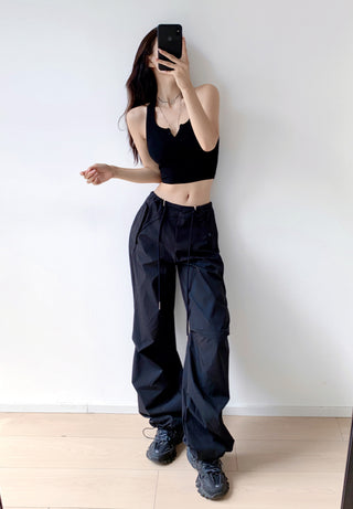 Loose drawstring workwear straight pants