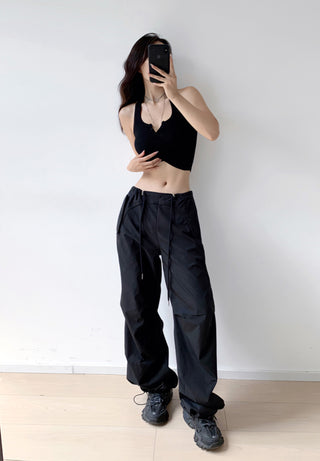 Loose drawstring workwear straight pants