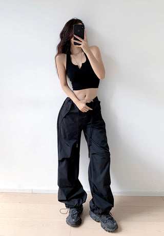 Loose drawstring workwear straight pants