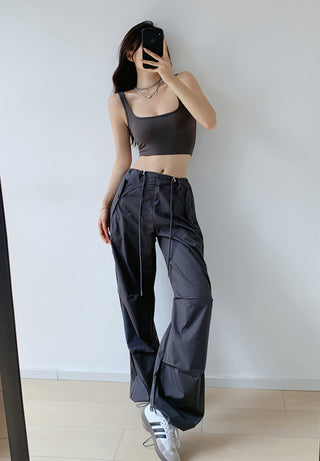 Loose drawstring workwear straight pants