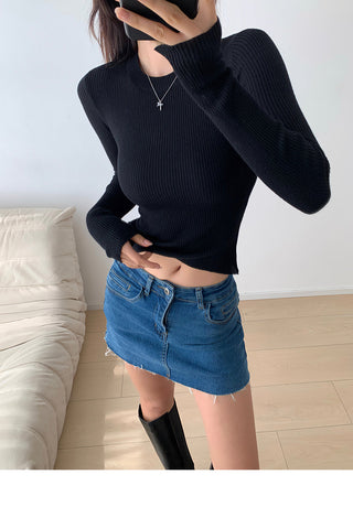 Round neck ribbed knitted sweater