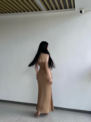 Drawstring halter neck slim knit dress