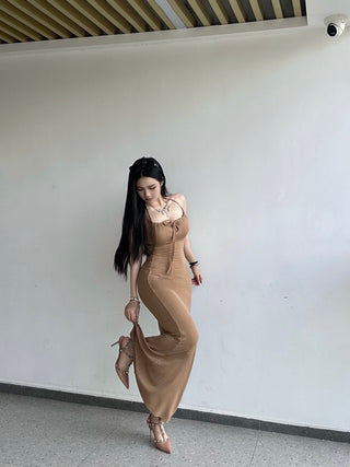 Drawstring halter neck slim knit dress