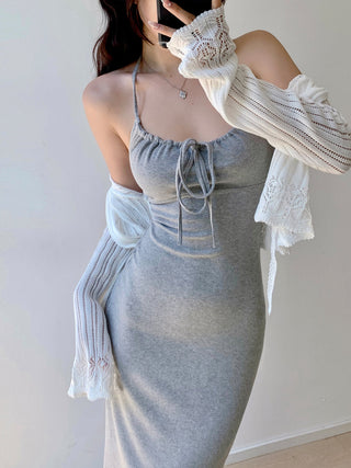 Drawstring halter neck slim knit dress