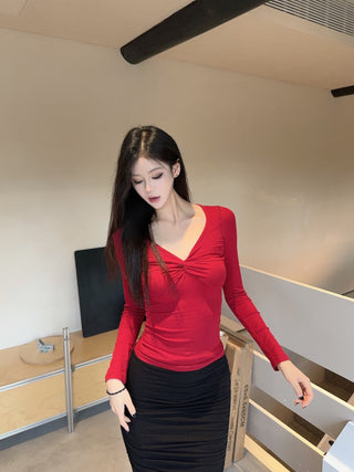 Retro V-neck cross-twisted ribbed slim top