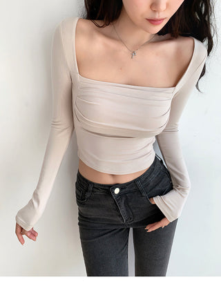 Retro  square collar pleated slim top