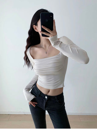 Retro  square collar pleated slim top