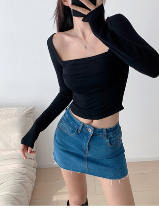 Retro  square collar pleated slim top