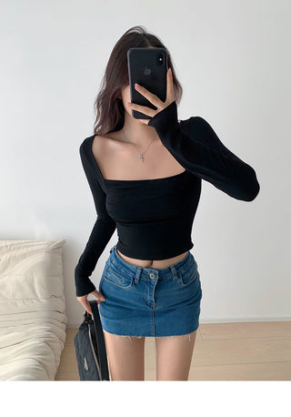 Retro  square collar pleated slim top