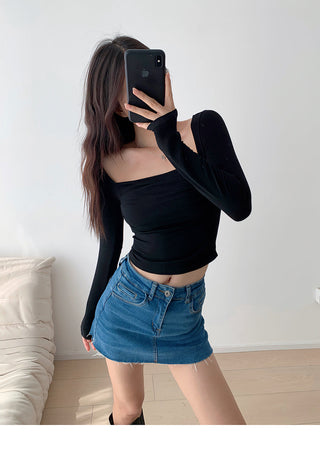 Retro  square collar pleated slim top
